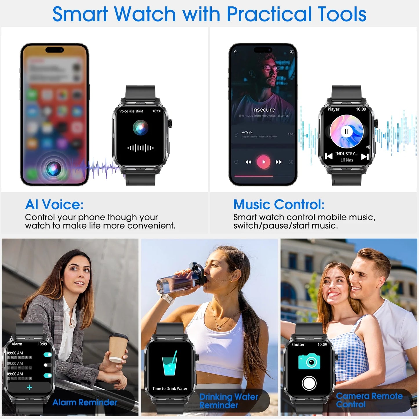 Smart Watch for Android and Iphone, H5 IP68 Waterproof Smartwatch for Women Men , Smart Watch with Bluetooth Call, Answer Make Calls , Black