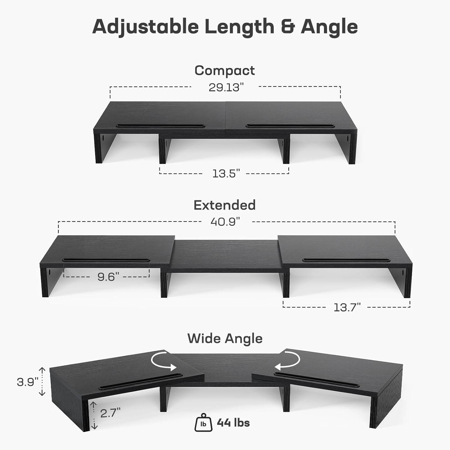 Dual Monitor Stand - [Upgraded] Monitor Stand W/ 2 Slots for Phone & Tablet, Dual Monitor Riser, Length and Angle Adjustable, Computer Stand for Monitor, Laptop, Tablet (Black)