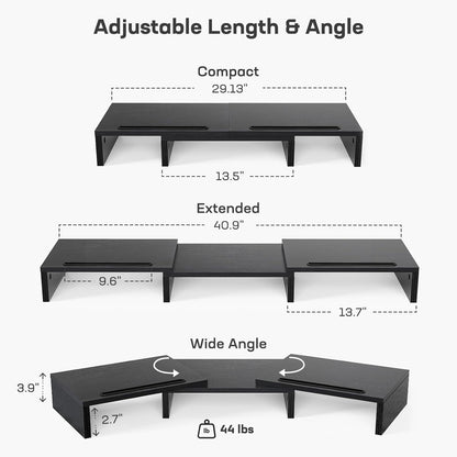 Dual Monitor Stand - [Upgraded] Monitor Stand W/ 2 Slots for Phone & Tablet, Dual Monitor Riser, Length and Angle Adjustable, Computer Stand for Monitor, Laptop, Tablet (Black)