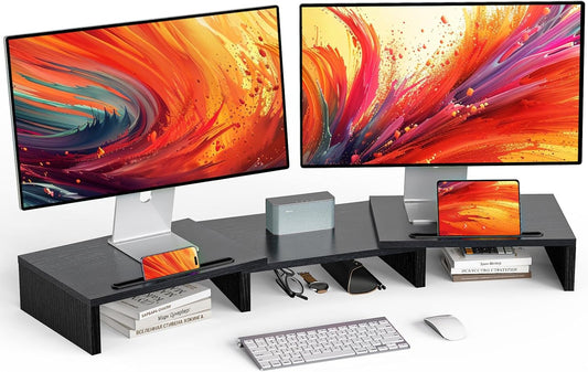 Dual Monitor Stand - [Upgraded] Monitor Stand W/ 2 Slots for Phone & Tablet, Dual Monitor Riser, Length and Angle Adjustable, Computer Stand for Monitor, Laptop, Tablet (Black)