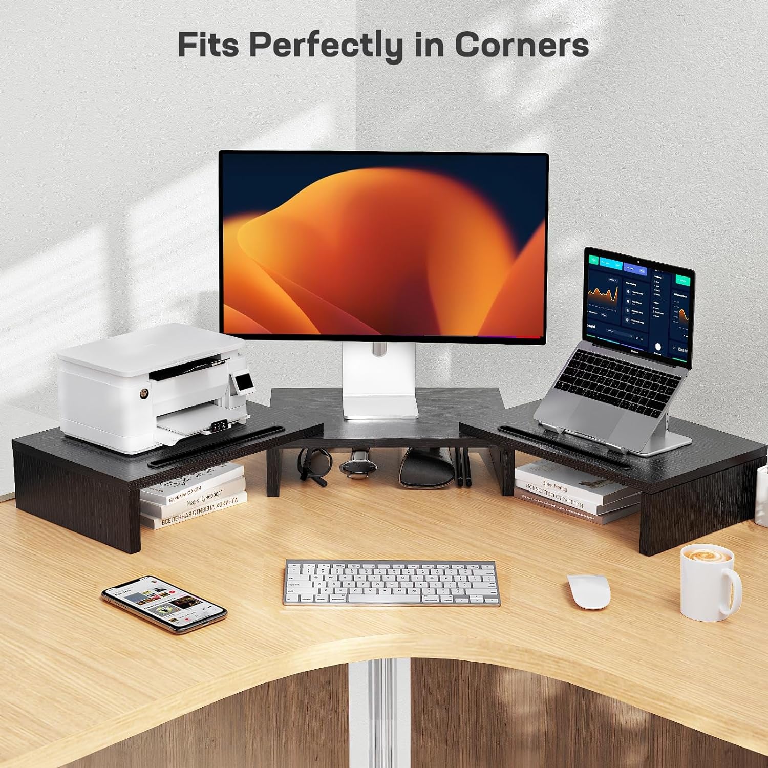 Dual Monitor Stand - [Upgraded] Monitor Stand W/ 2 Slots for Phone & Tablet, Dual Monitor Riser, Length and Angle Adjustable, Computer Stand for Monitor, Laptop, Tablet (Black)