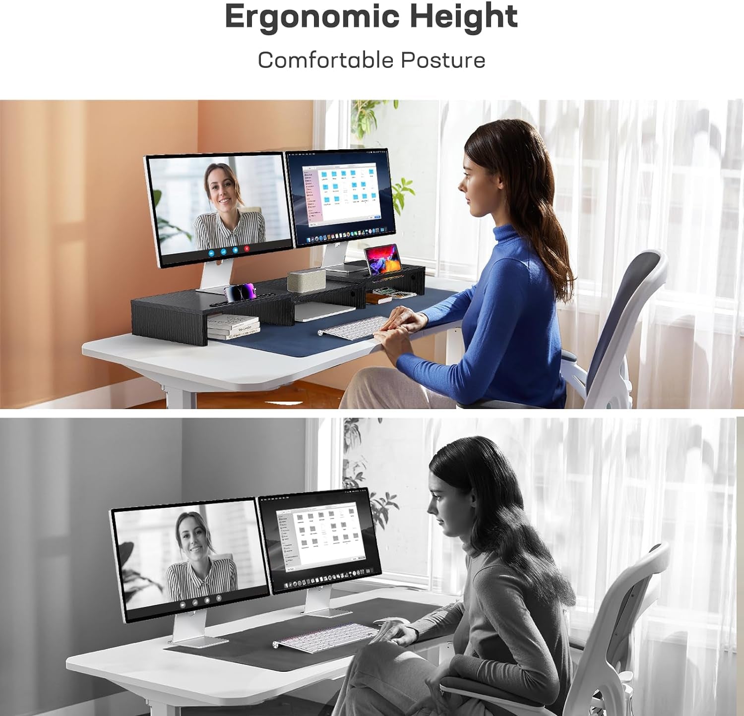 Dual Monitor Stand - [Upgraded] Monitor Stand W/ 2 Slots for Phone & Tablet, Dual Monitor Riser, Length and Angle Adjustable, Computer Stand for Monitor, Laptop, Tablet (Black)