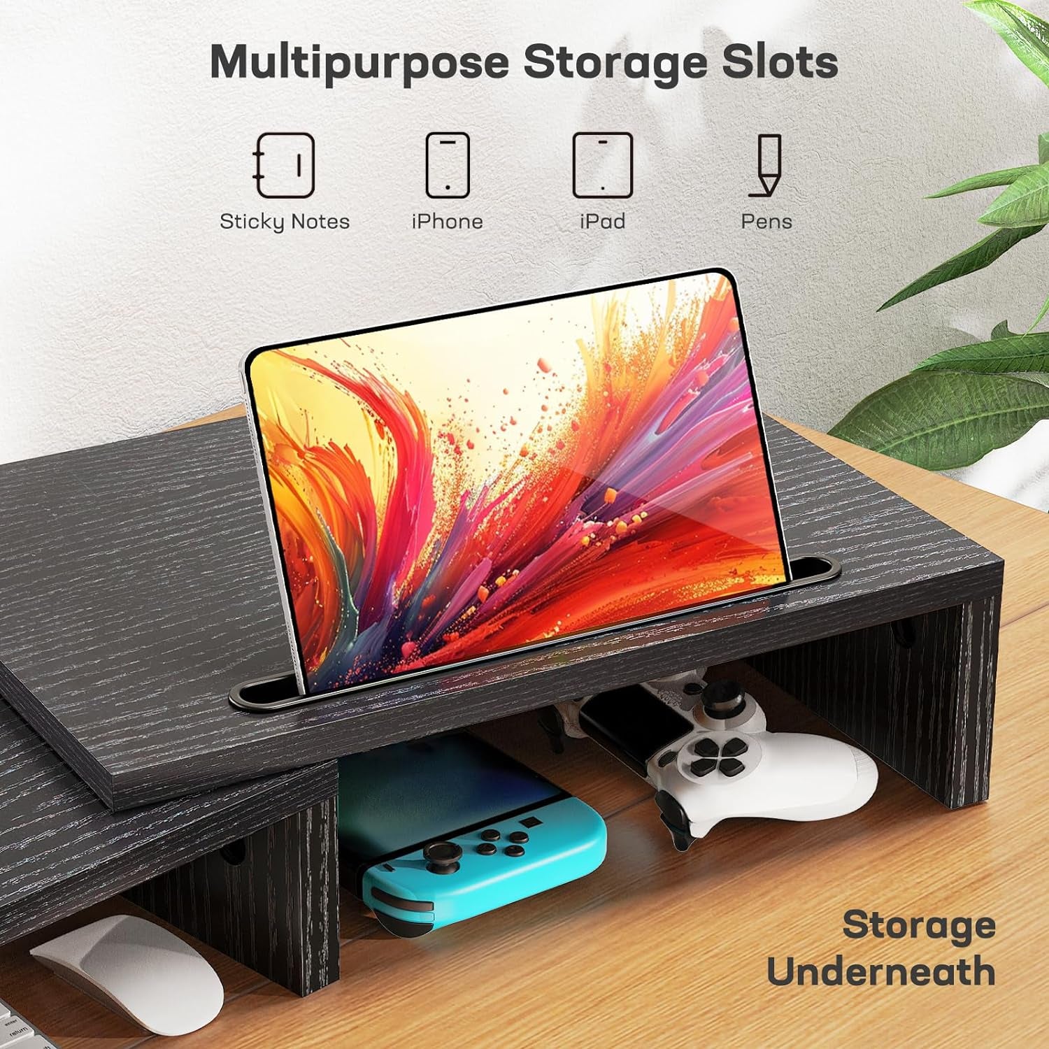Dual Monitor Stand - [Upgraded] Monitor Stand W/ 2 Slots for Phone & Tablet, Dual Monitor Riser, Length and Angle Adjustable, Computer Stand for Monitor, Laptop, Tablet (Black)