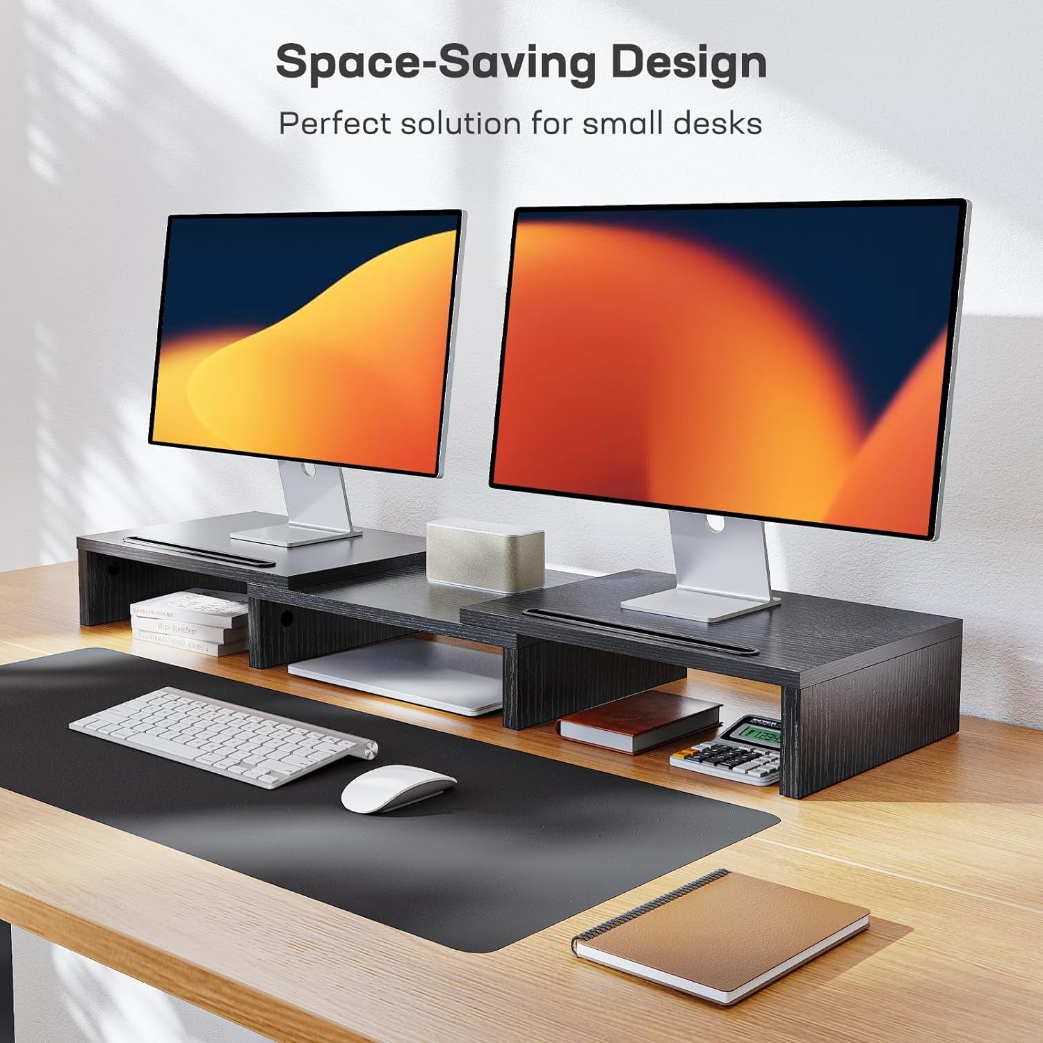 Dual Monitor Stand - [Upgraded] Monitor Stand W/ 2 Slots for Phone & Tablet, Dual Monitor Riser, Length and Angle Adjustable, Computer Stand for Monitor, Laptop, Tablet (Black)